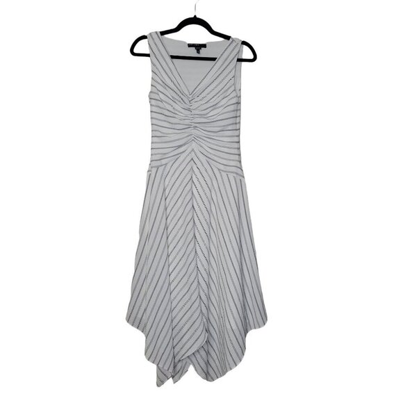 MAGGY LONDON Fit Flare Midi Dress Sz 2 Rope Stripe Asymmetrical Hem Bubble Crepe - Picture 1 of 10